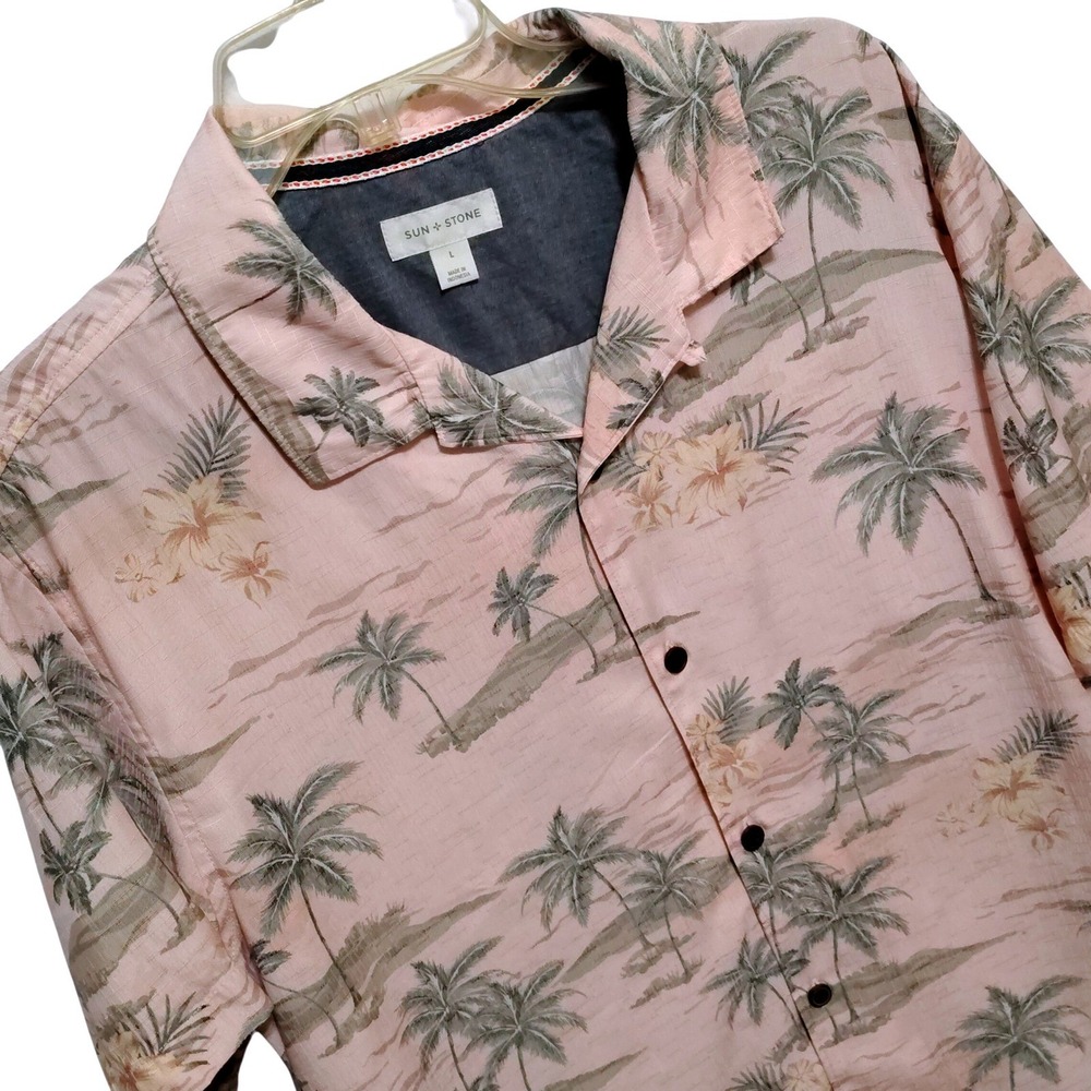 Sun Stone Mens Pink Palm Tree Print Button Down Short Sleeve Shirt Large‎